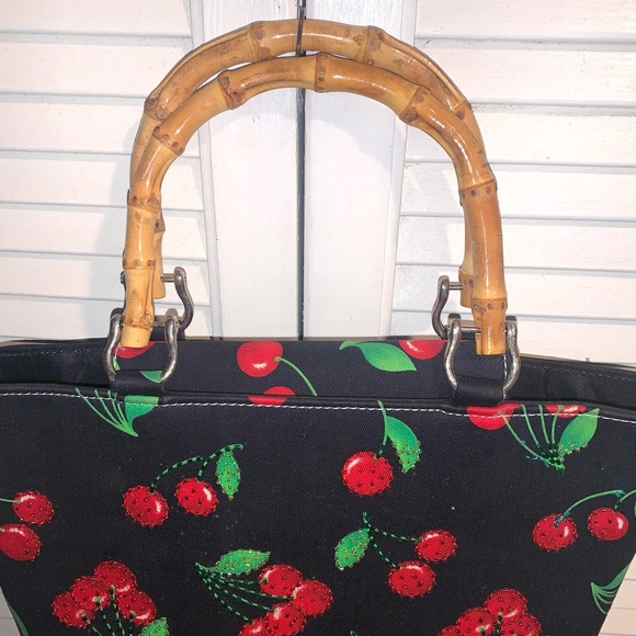 Cherry Red and black bucket purse with bamboo handles 11”X13” - Picture 5 of 8